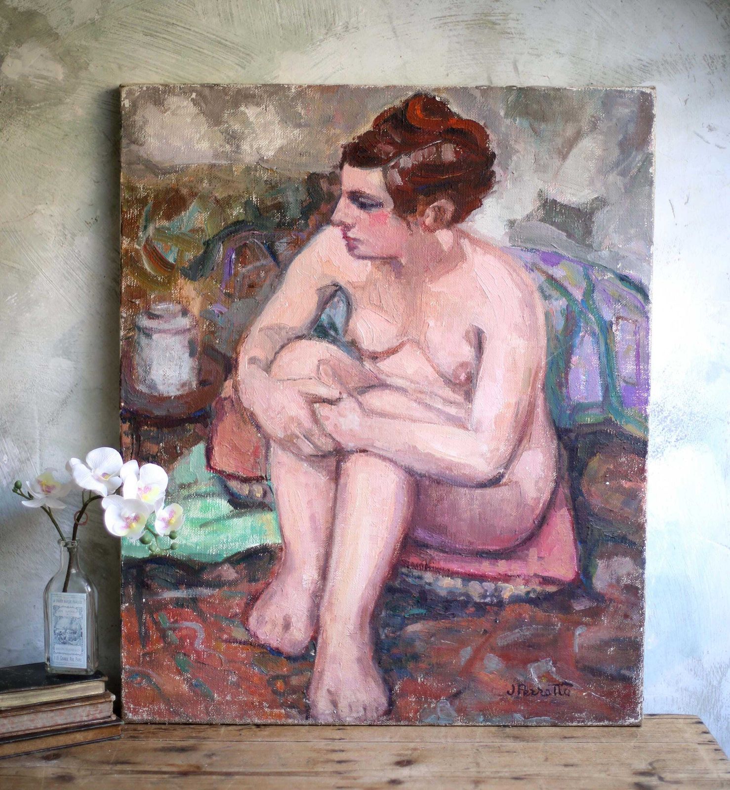 Large Original Nude Female Painting French Oil On Canvas Seated Woman photo furniture