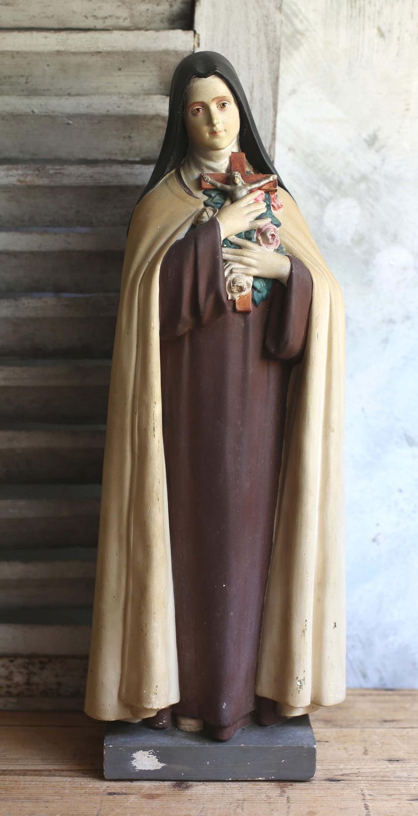 Huge French Antique Chalkware Saint Teresa Large Polychrome Sainte Therese Statue