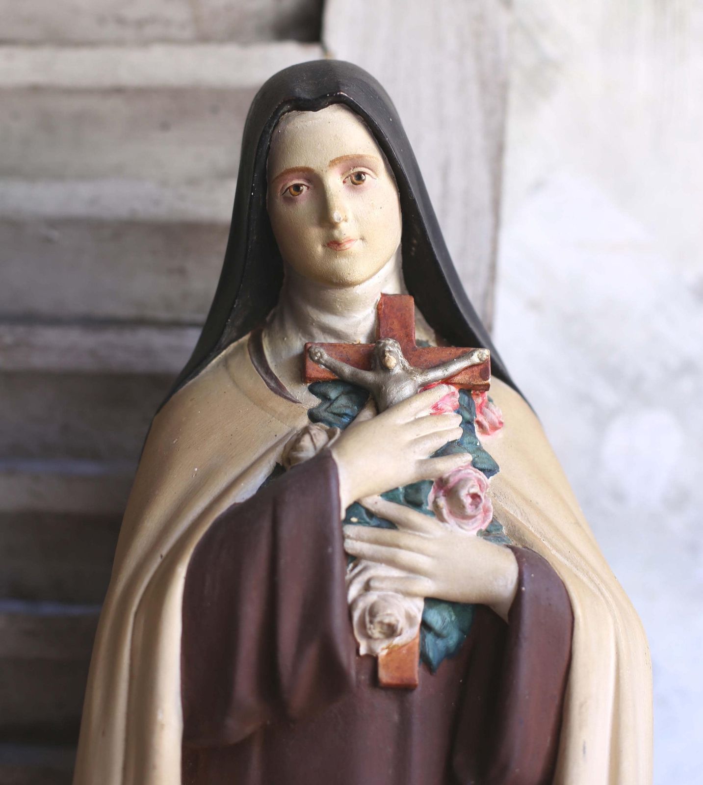 Huge French Antique Chalkware Saint Teresa Large Polychrome Sainte Therese Statue photo for sale