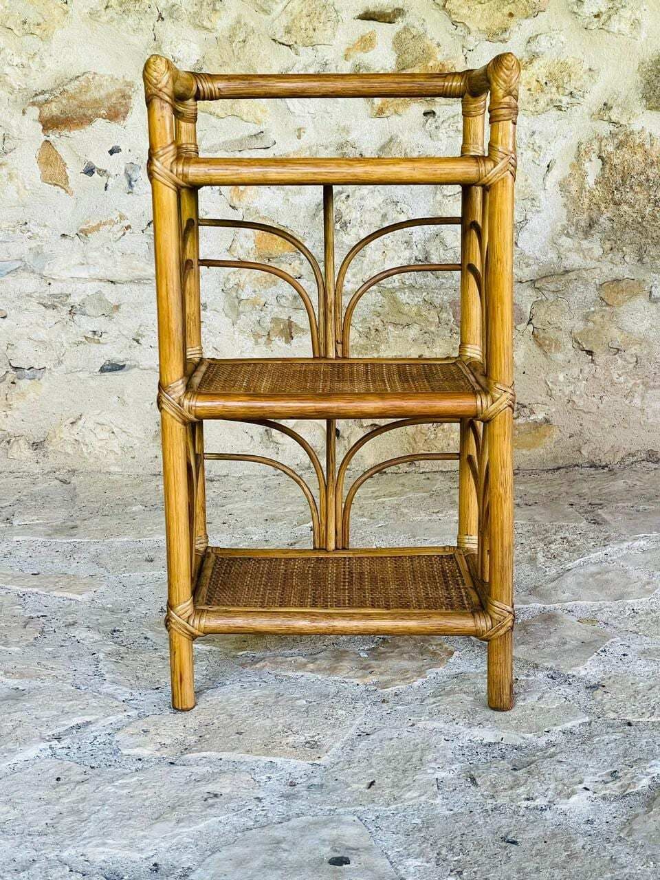 Vintage Bamboo And Rattan 3 Tier Shelf , 1970s photo furniture