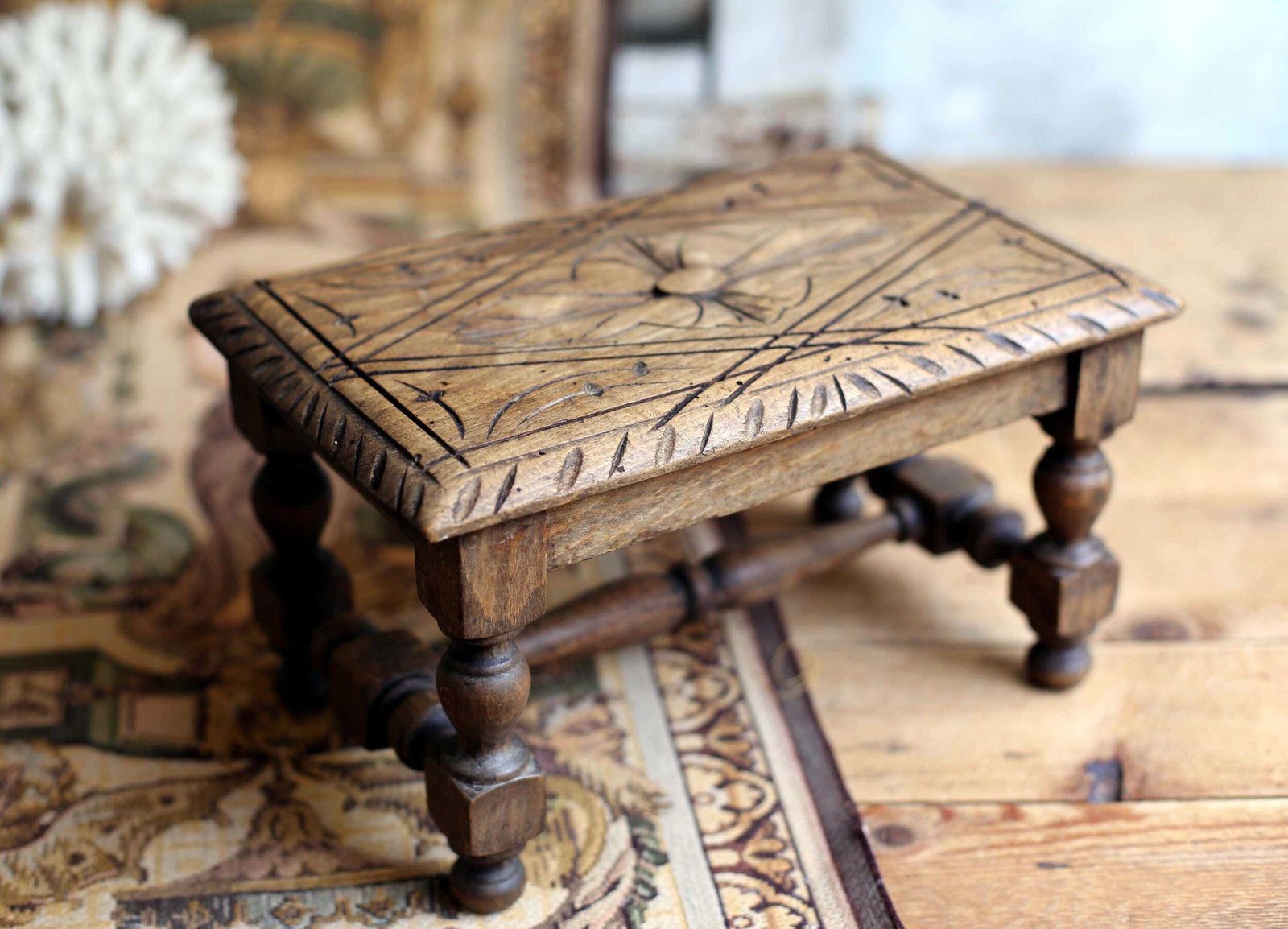 French Antique Foot Stool Hand Carved Wooden Footstool Small Display Stand photo Furniture