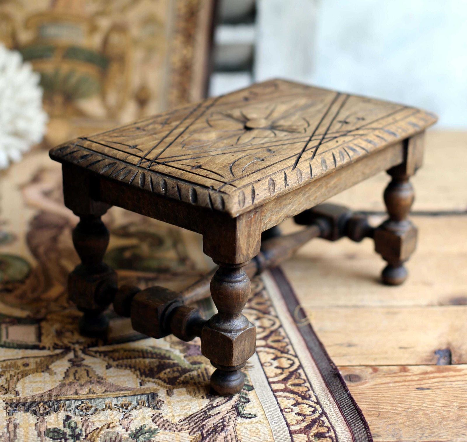 French Antique Foot Stool Hand Carved Wooden Footstool Small Display Stand photo buy