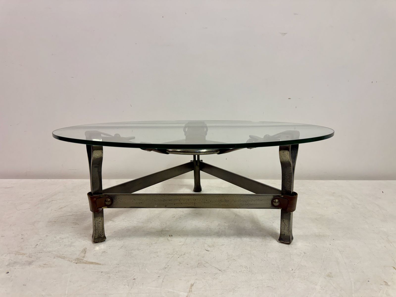 1960s Wrought Iron And Leather Coffee Table By Jean Pierre Ryckaert photo for sale