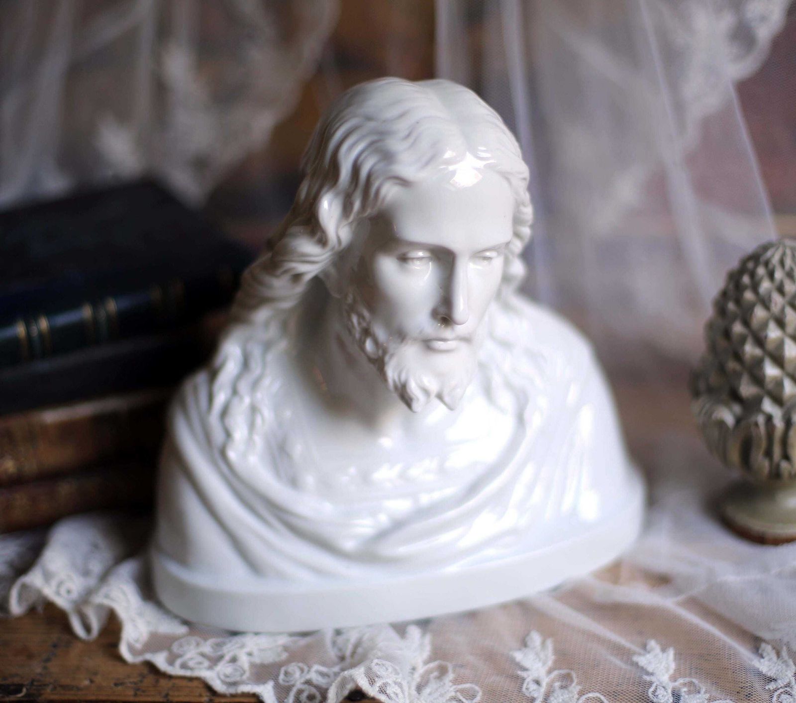 Antique Bust Of Jesus Christ White Porcelain Religious Statue C.1800s D'apres Raphael