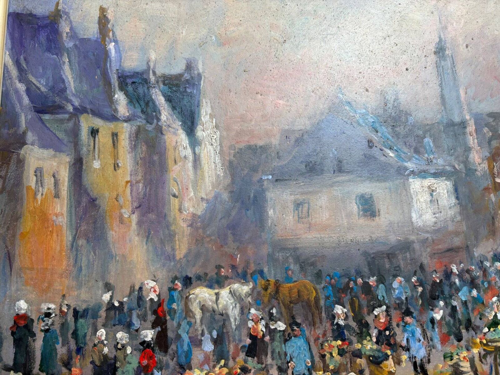 Oil By Serge Sauvage, Breton Market photo vintage