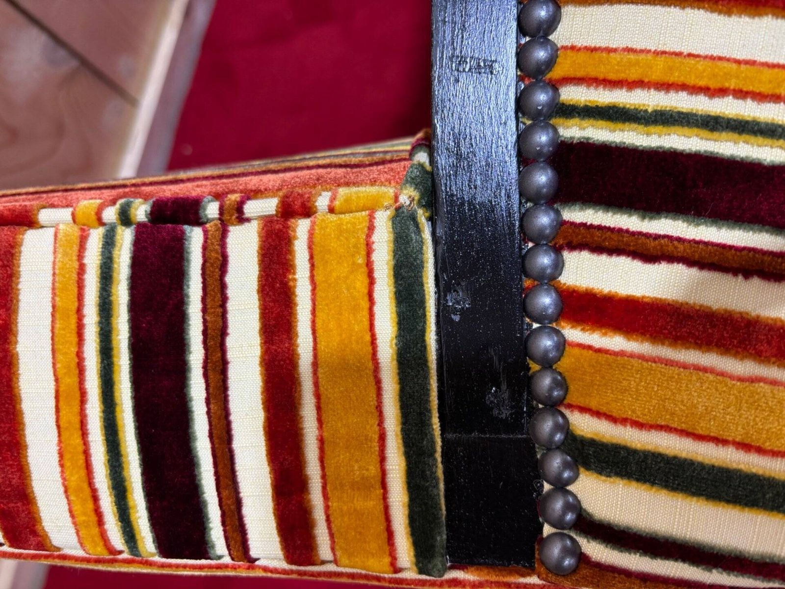Art Deco Armchair In Multicolored Striped Fabric And Its Footrest photo vintage