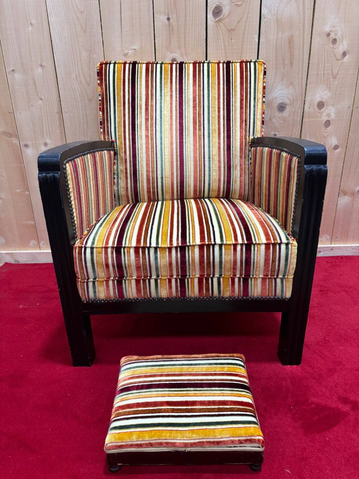 Furniture Art Deco Armchair In Multicolored Striped Fabric And Its Footrest photo