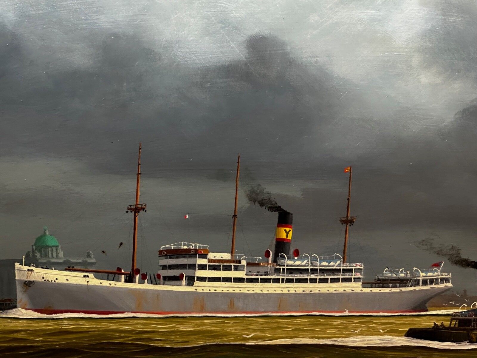 20e-eeuws olieverfschilderij Alca passagiers-vrachtschip Yeoman Line en stoomveerboot Claughton photo Kunst