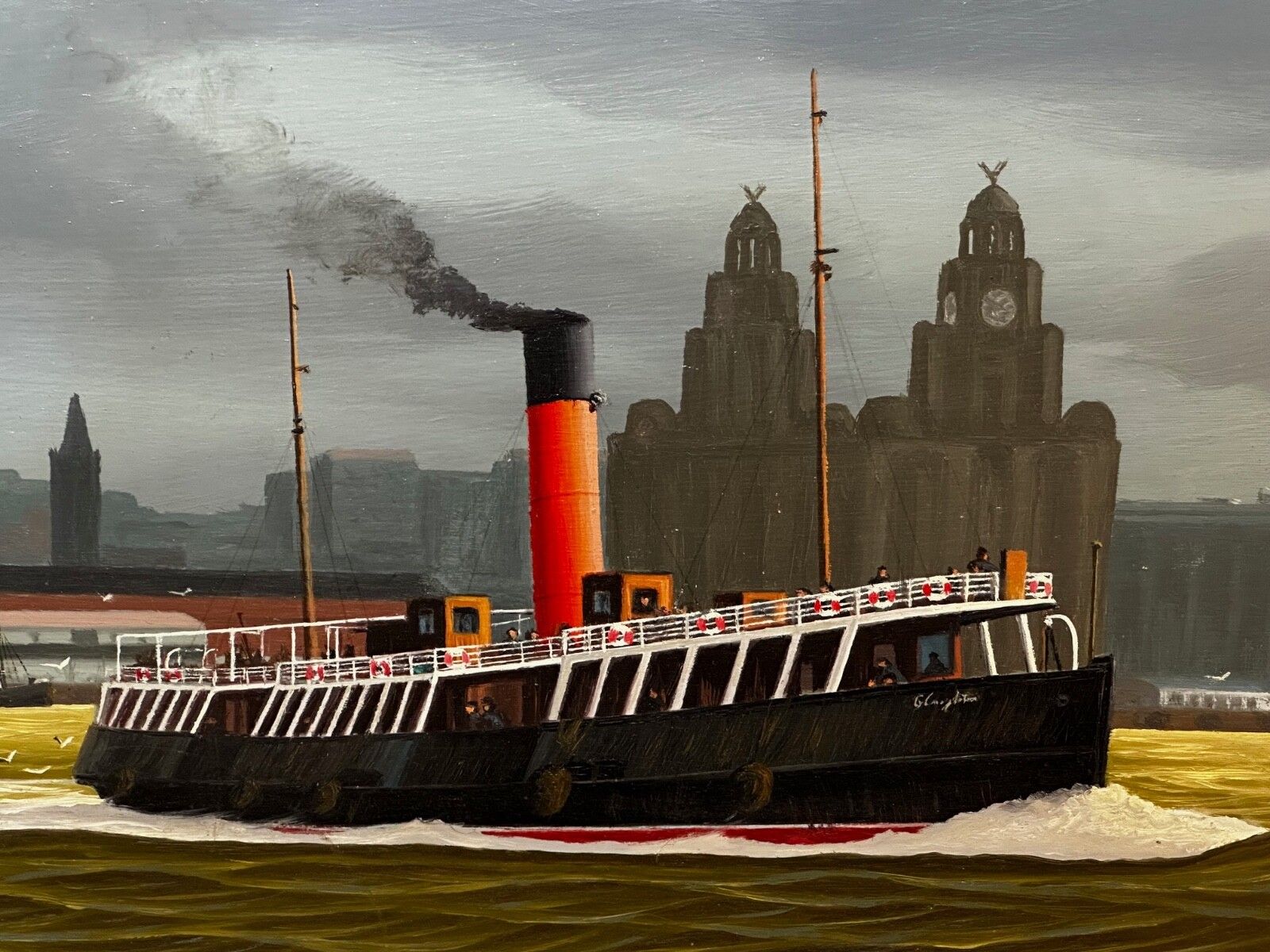 20e-eeuws olieverfschilderij Alca passagiers-vrachtschip Yeoman Line en stoomveerboot Claughton photo vinterior