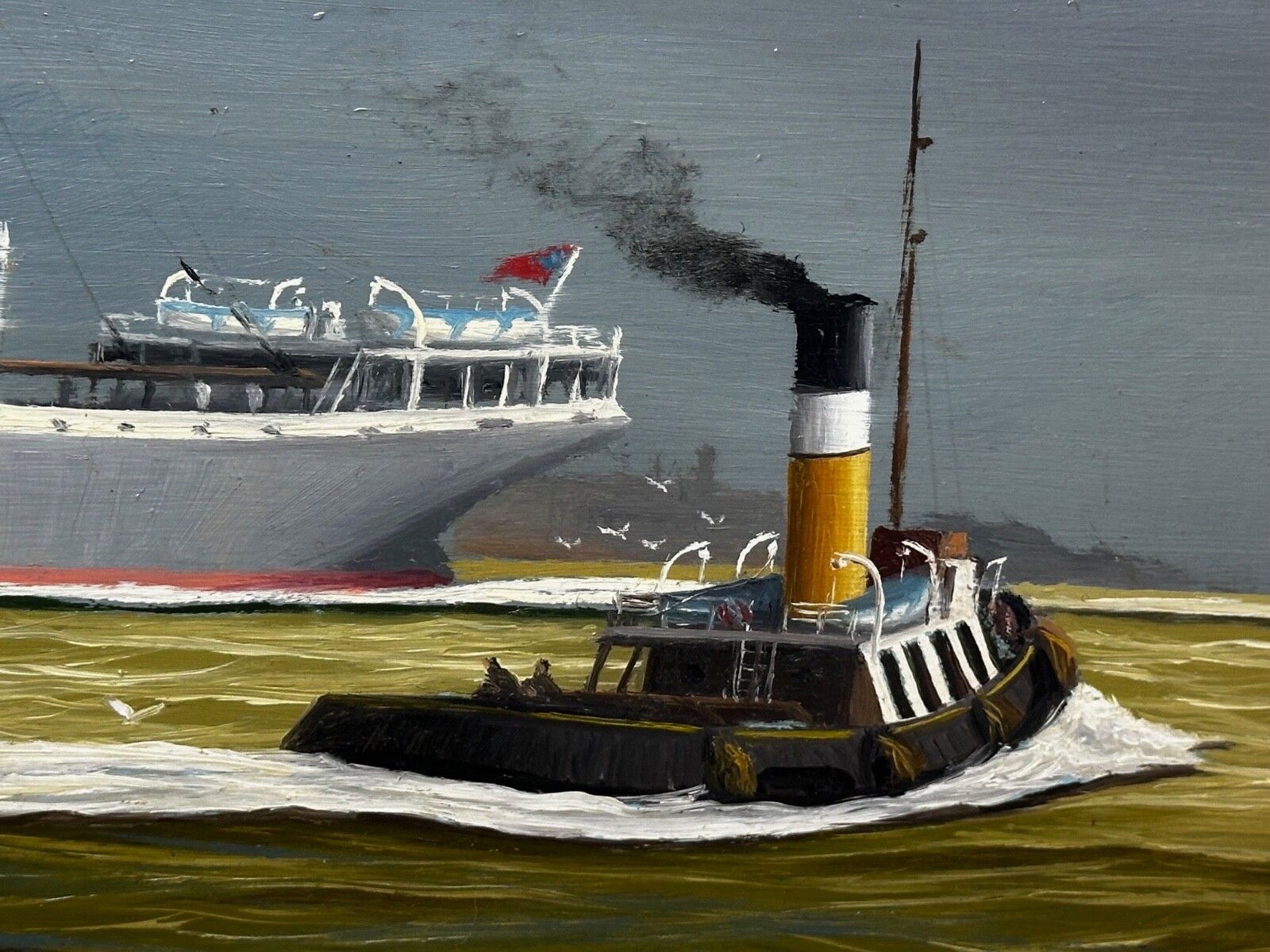 photo vintage 20th Century Oil Painting Alca Passenger Cargo Ship Yeoman Line & Steam Ferry Boat Claughton
