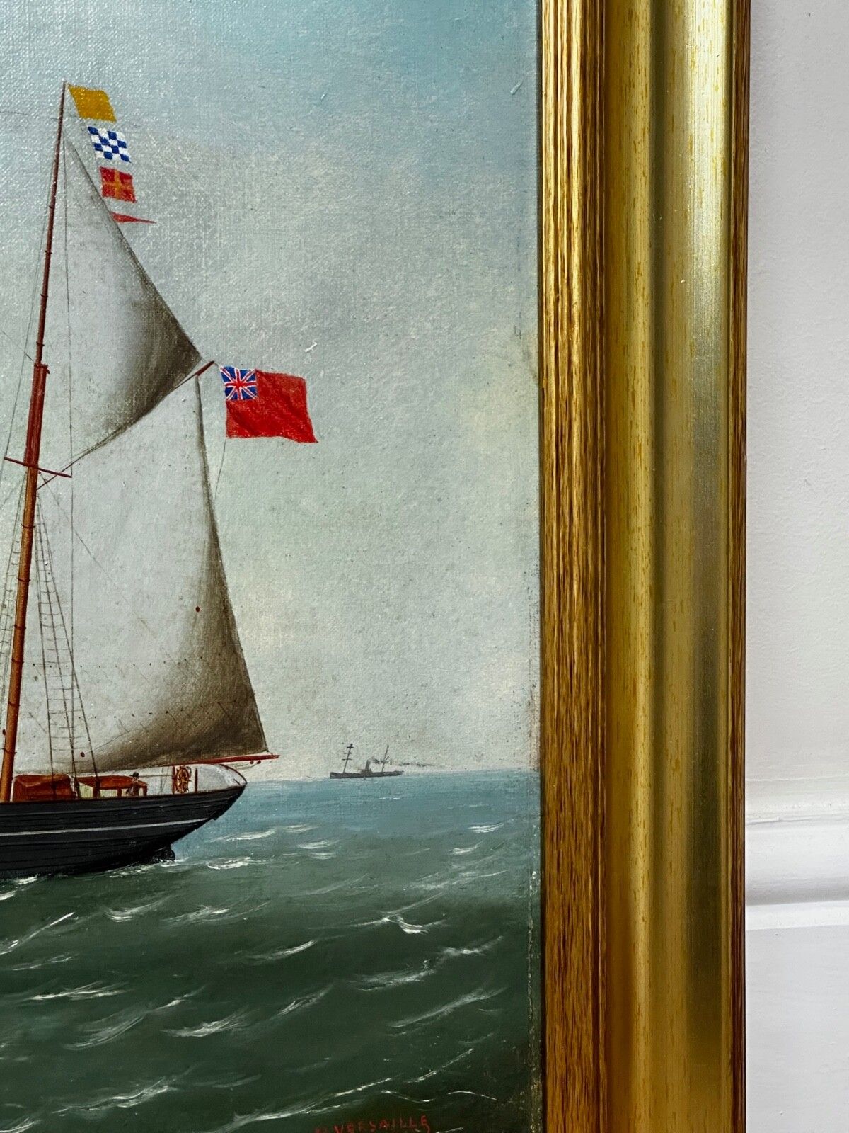 French Victorian Oil Painting Marine Barquentine Ship Charles James Off Dunkirk Signed By Henri Versailles photo for sale