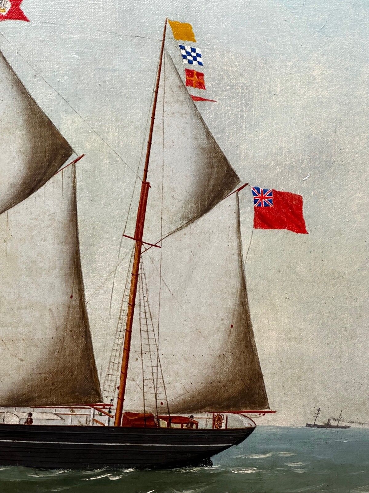 photo vintage French Victorian Oil Painting Marine Barquentine Ship Charles James Off Dunkirk Signed By Henri Versailles