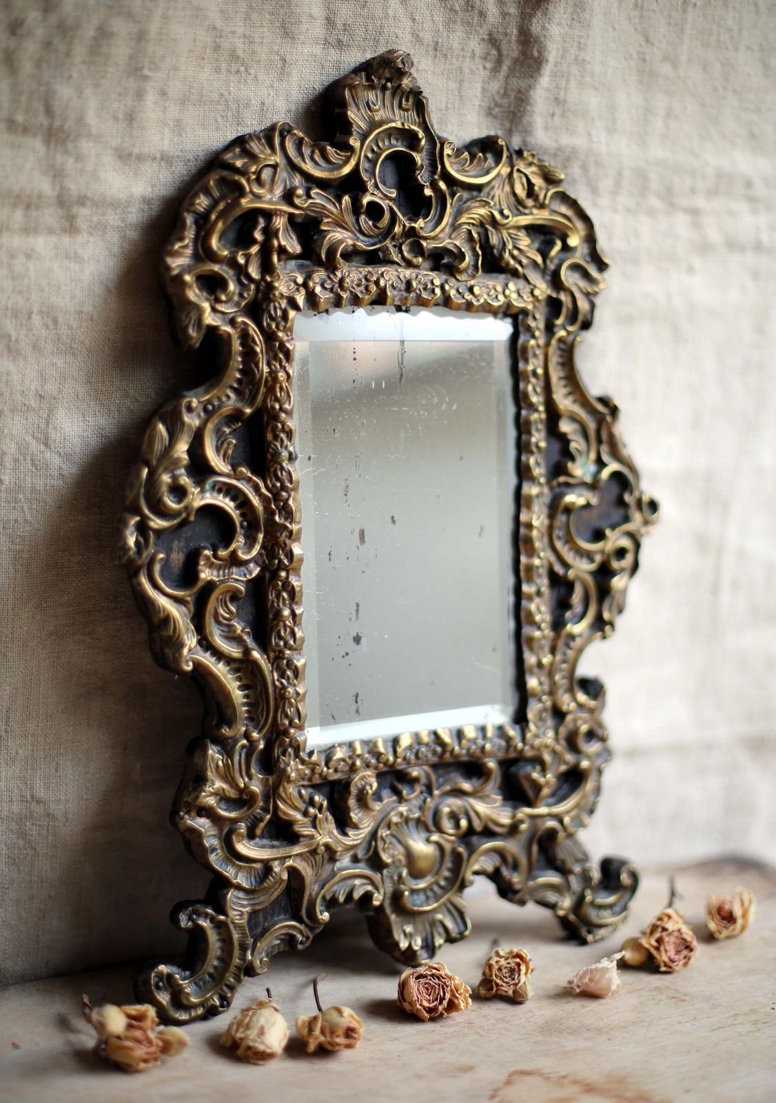 Antique French Repousse Brass Vanity Mirror For Dressing Table Napoleon III 1800s
