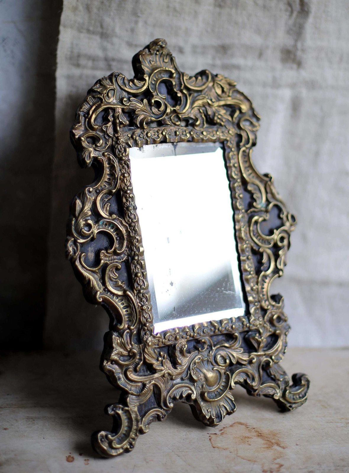 Antique French Repousse Brass Vanity Mirror For Dressing Table Napoleon III 1800s photo vinterior