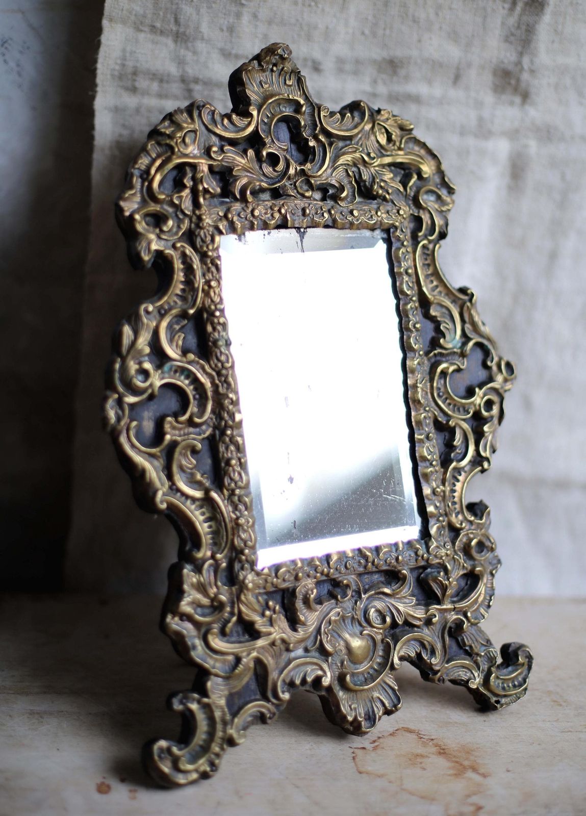 Antique French Repousse Brass Vanity Mirror For Dressing Table Napoleon III 1800s photo buy