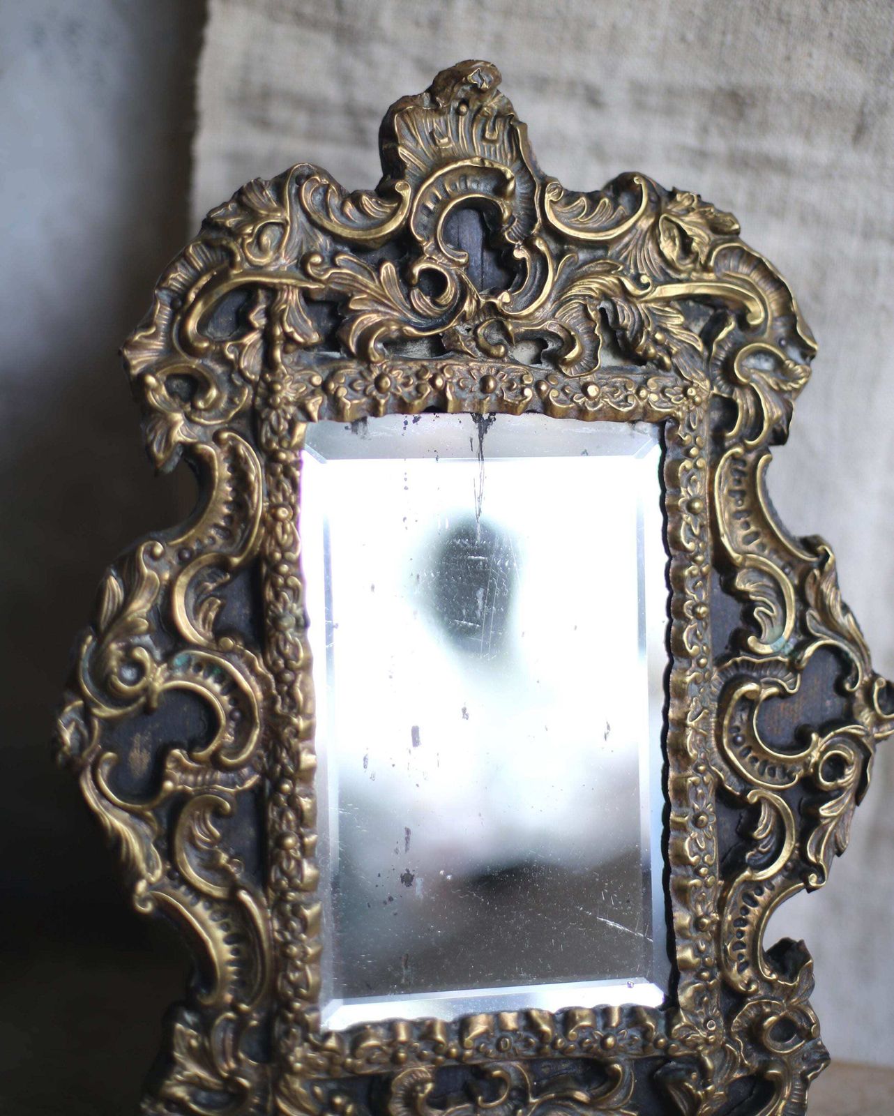 Antique French Repousse Brass Vanity Mirror For Dressing Table Napoleon III 1800s photo vintage
