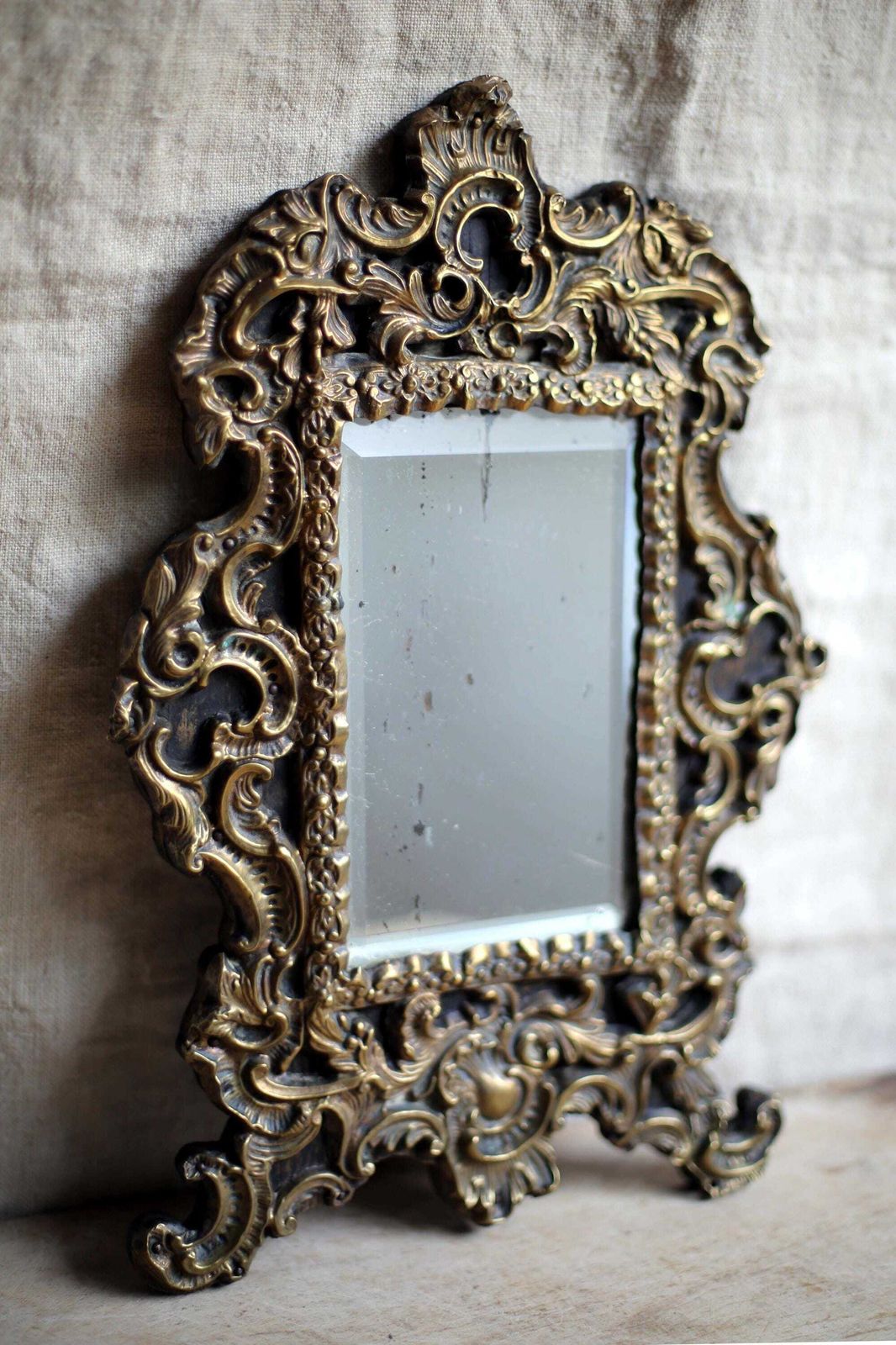 photo furniture Antique French Repousse Brass Vanity Mirror For Dressing Table Napoleon III 1800s