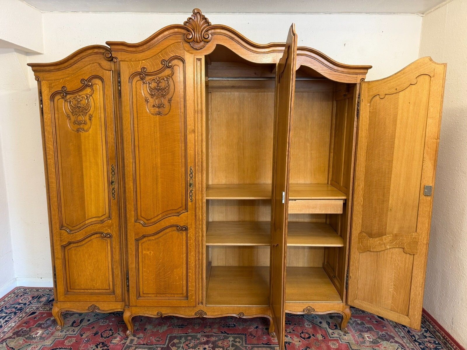 photo furniture Quality French Carved Oak Four Door Brake Front Armoire/Wardrobe Circa 1950