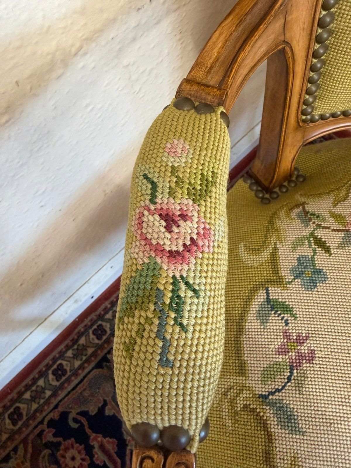 Elegant French Carved Walnut Needlepoint Armchair Circa 1930 photo buy