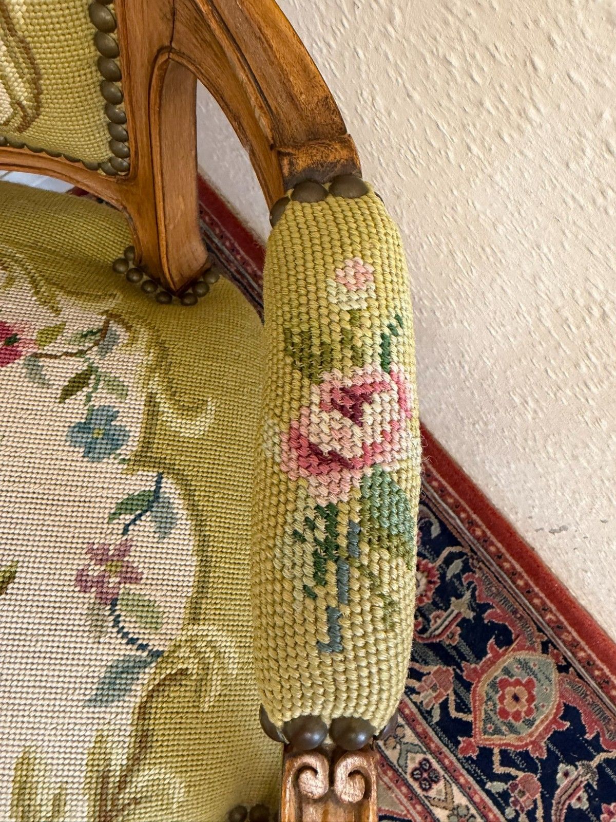 Elegant French Carved Walnut Needlepoint Armchair Circa 1930 photo vintage