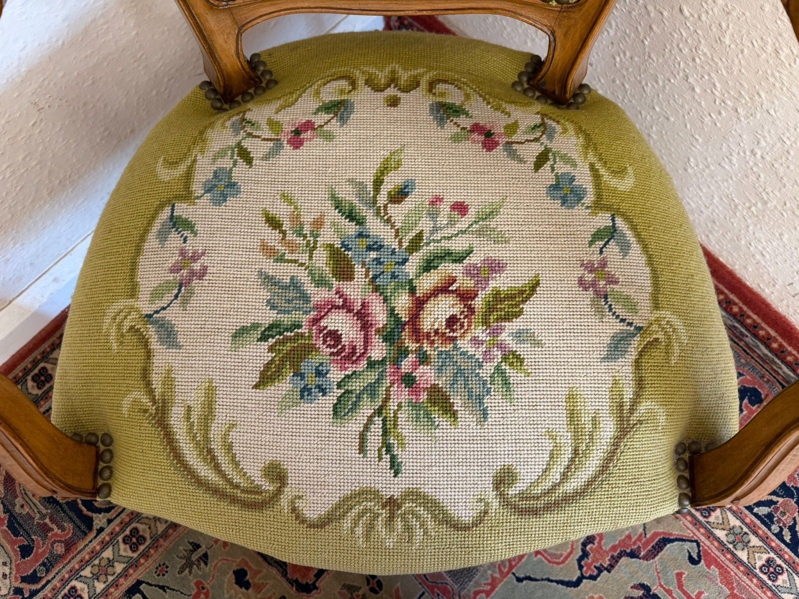 Furniture Elegant French Carved Walnut Needlepoint Armchair Circa 1930 photo