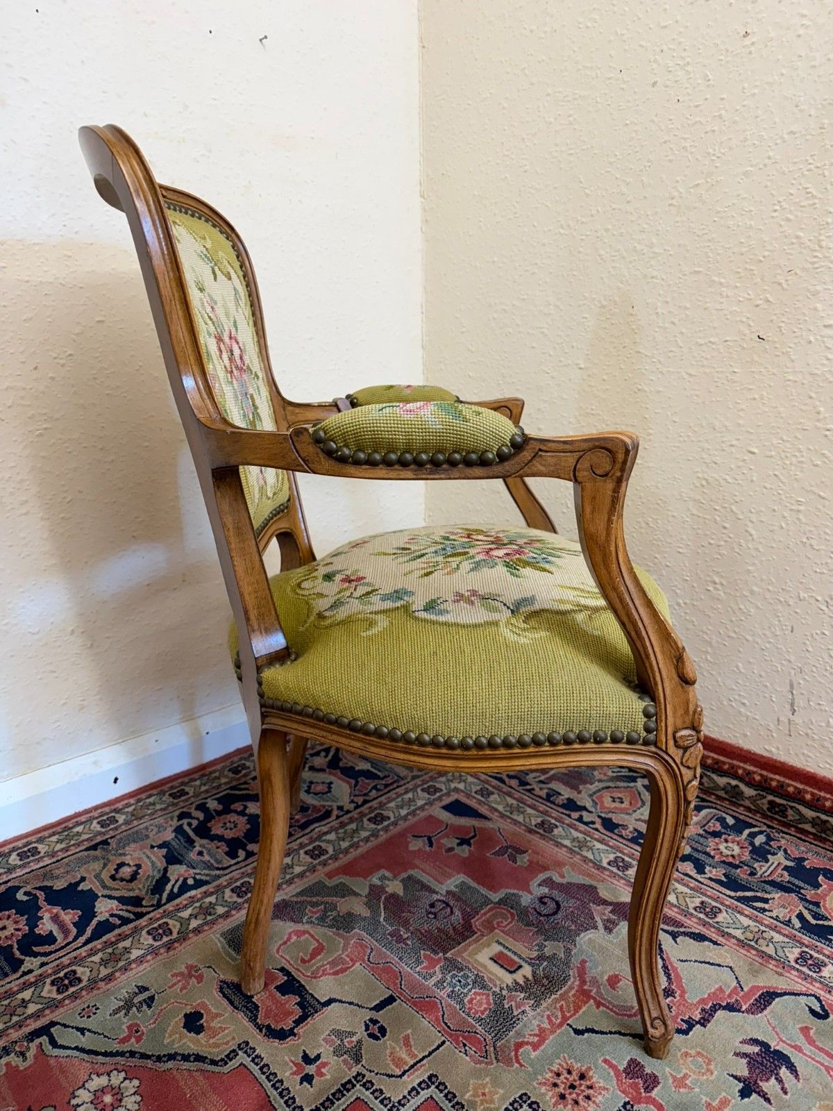 295.0 Elegant French Carved Walnut Needlepoint Armchair Circa 1930 photo