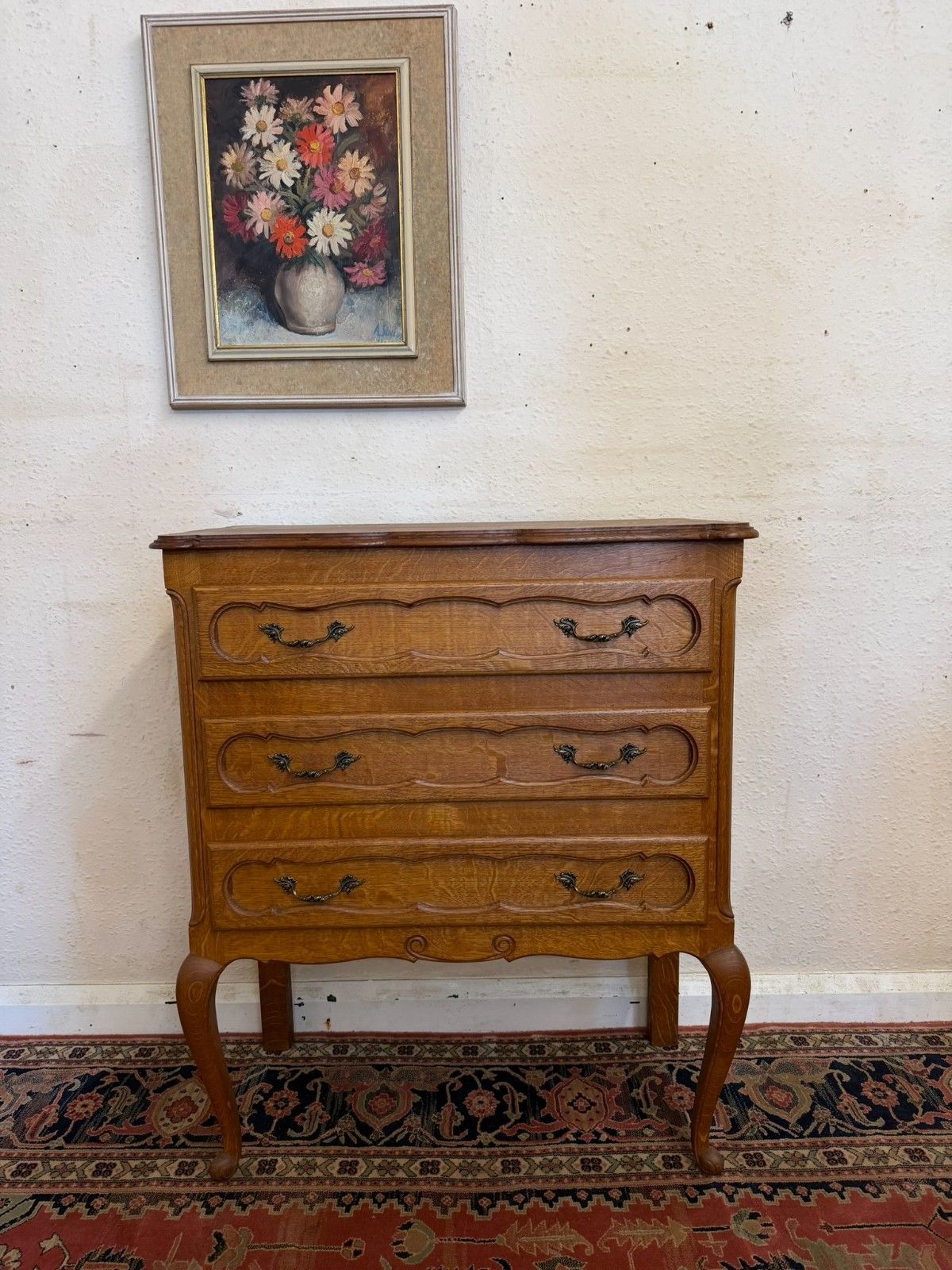 Elegant French Solid Oak Shaped Top Chest Of Three Drawers Circa 1950 photo furniture