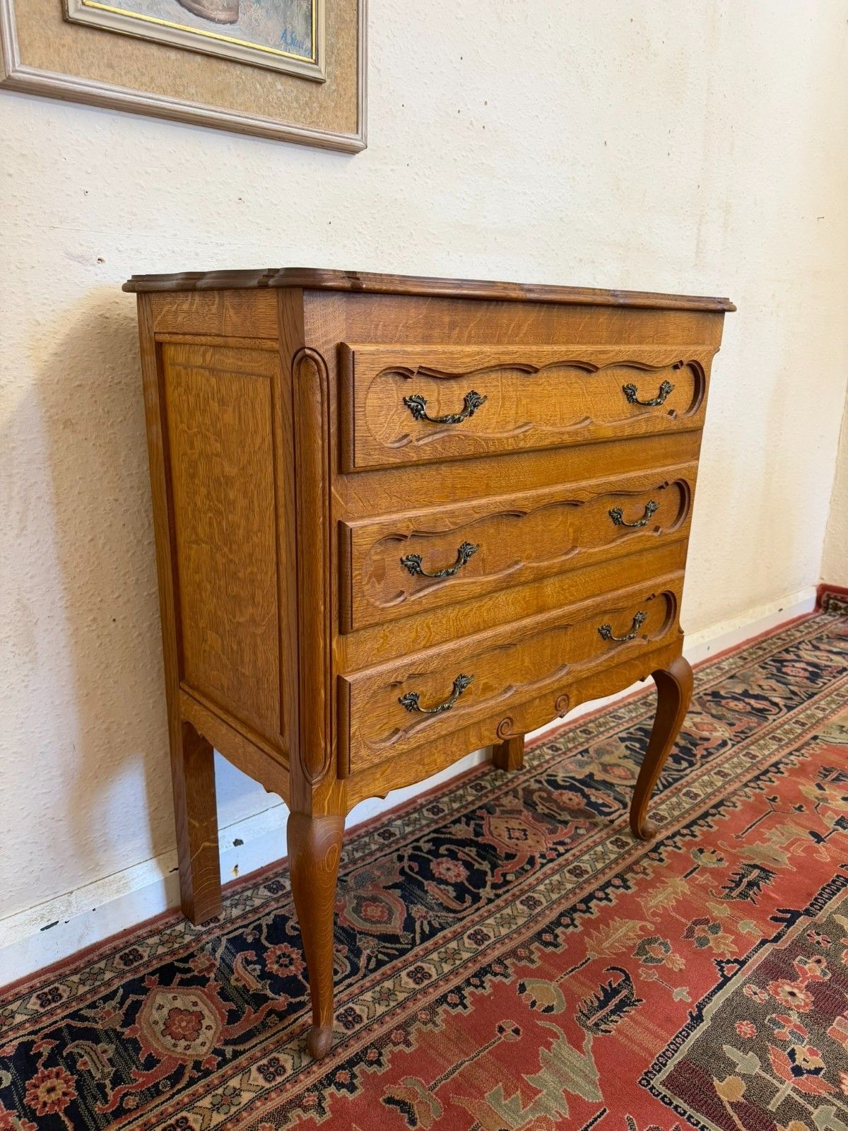 Elegant French Solid Oak Shaped Top Chest Of Three Drawers Circa 1950 photo for sale