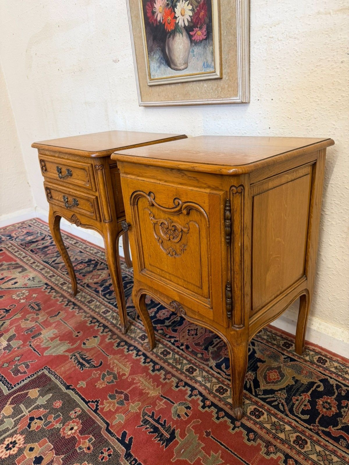 French Pair Of Carved Oak His And Hers Bedside Cabinets Circa 1950 photo for sale