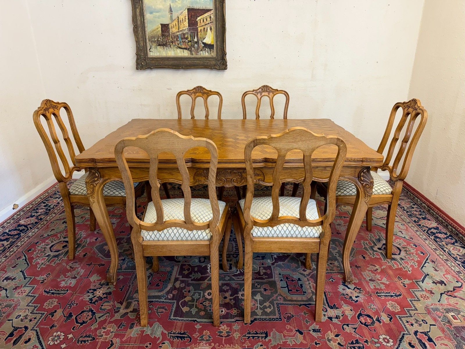 Antique French Carved Oak Parquetry Top Extending Table & Six Chairs Circa 1930 photo furniture