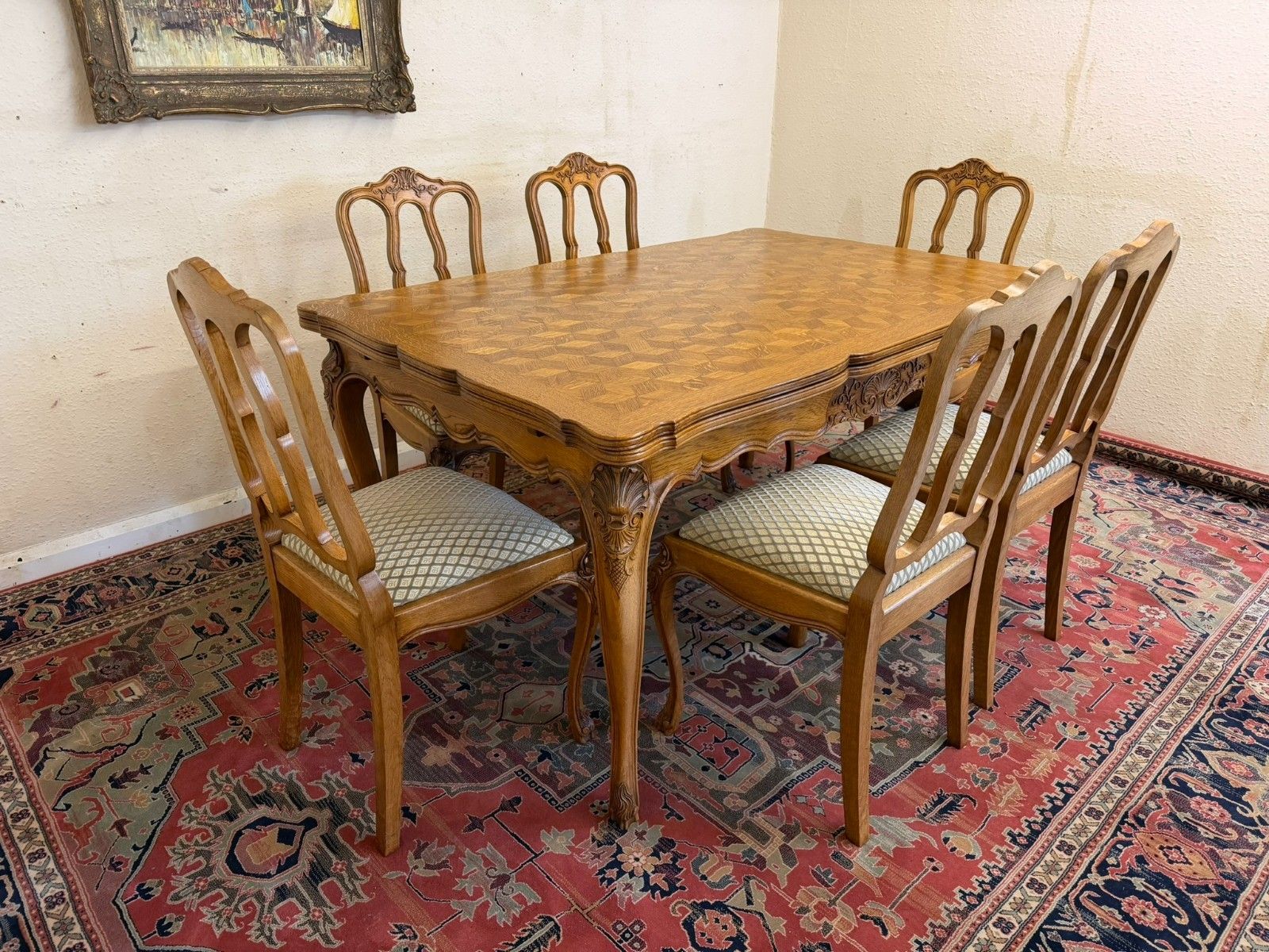 Antique French Carved Oak Parquetry Top Extending Table & Six Chairs Circa 1930 photo 895.0