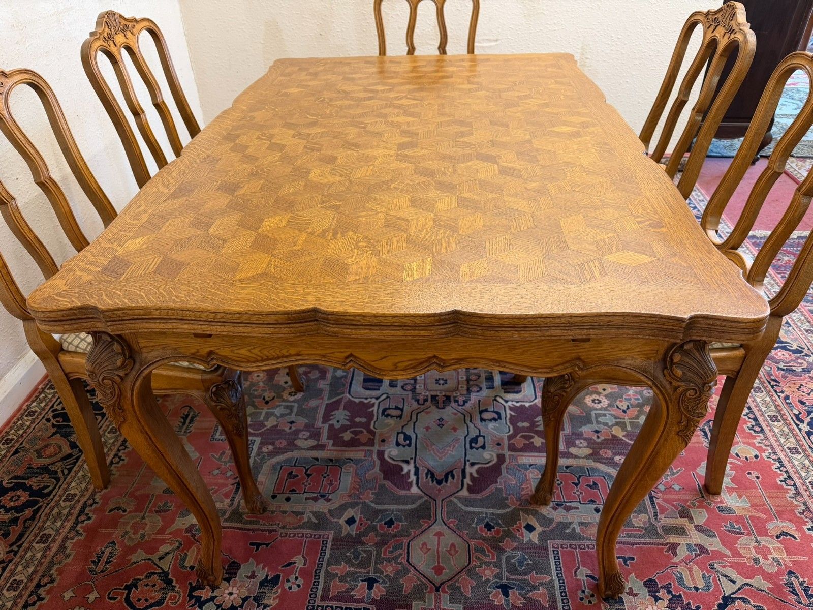 Antique French Carved Oak Parquetry Top Extending Table & Six Chairs Circa 1930 photo vinterior