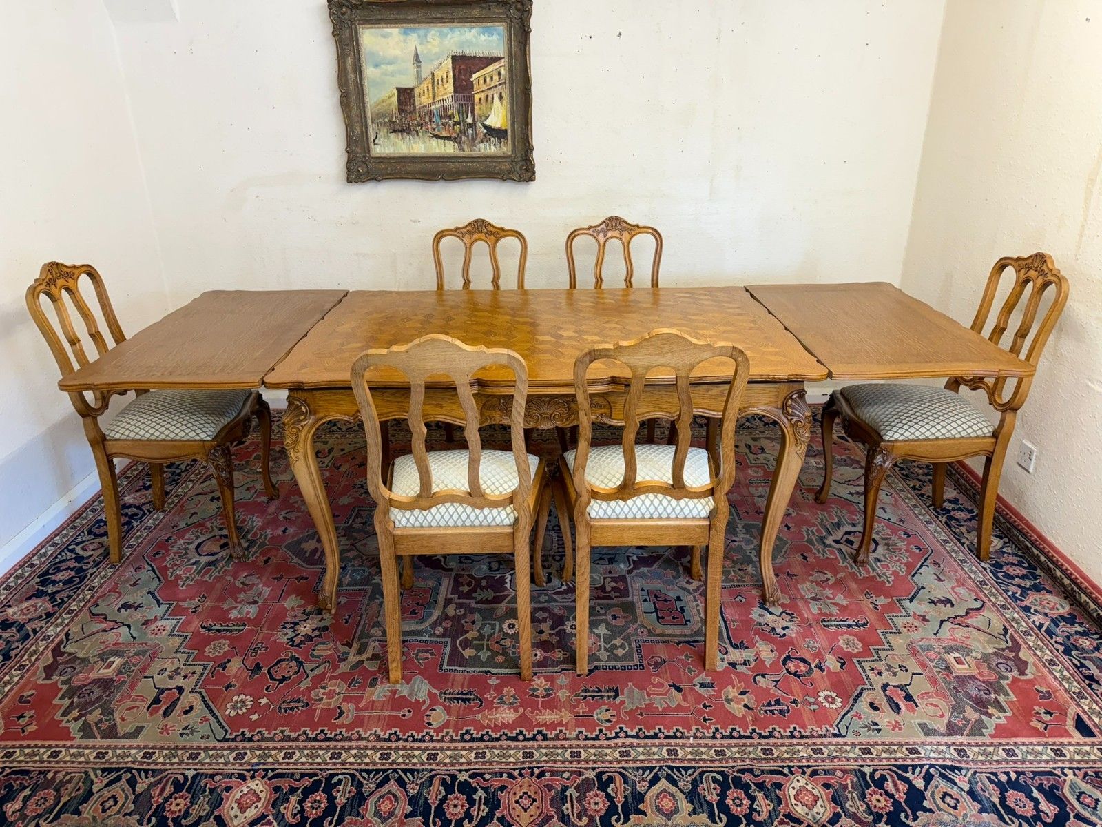 Antique French Carved Oak Parquetry Top Extending Table & Six Chairs Circa 1930 photo vintage