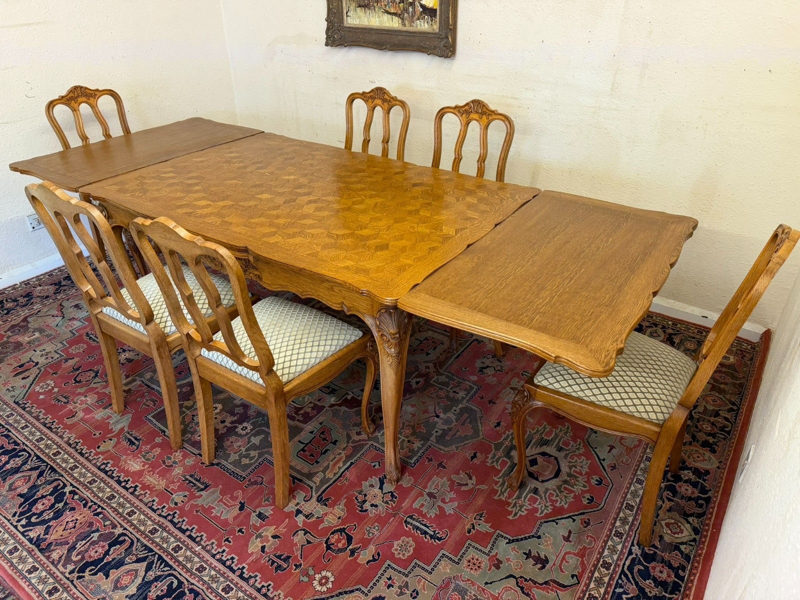 photo for sale Antique French Carved Oak Parquetry Top Extending Table & Six Chairs Circa 1930