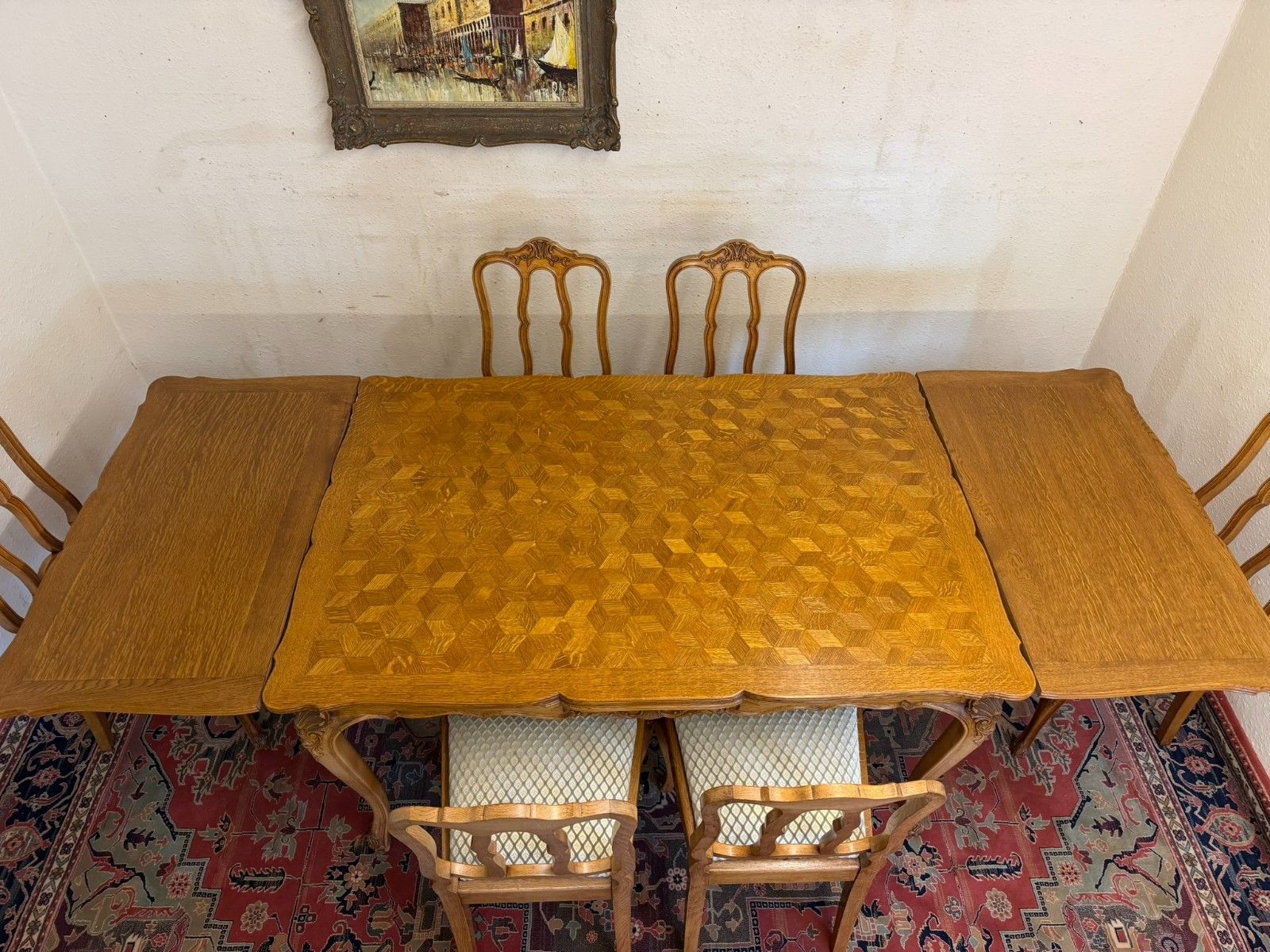 Furniture Antique French Carved Oak Parquetry Top Extending Table & Six Chairs Circa 1930 photo
