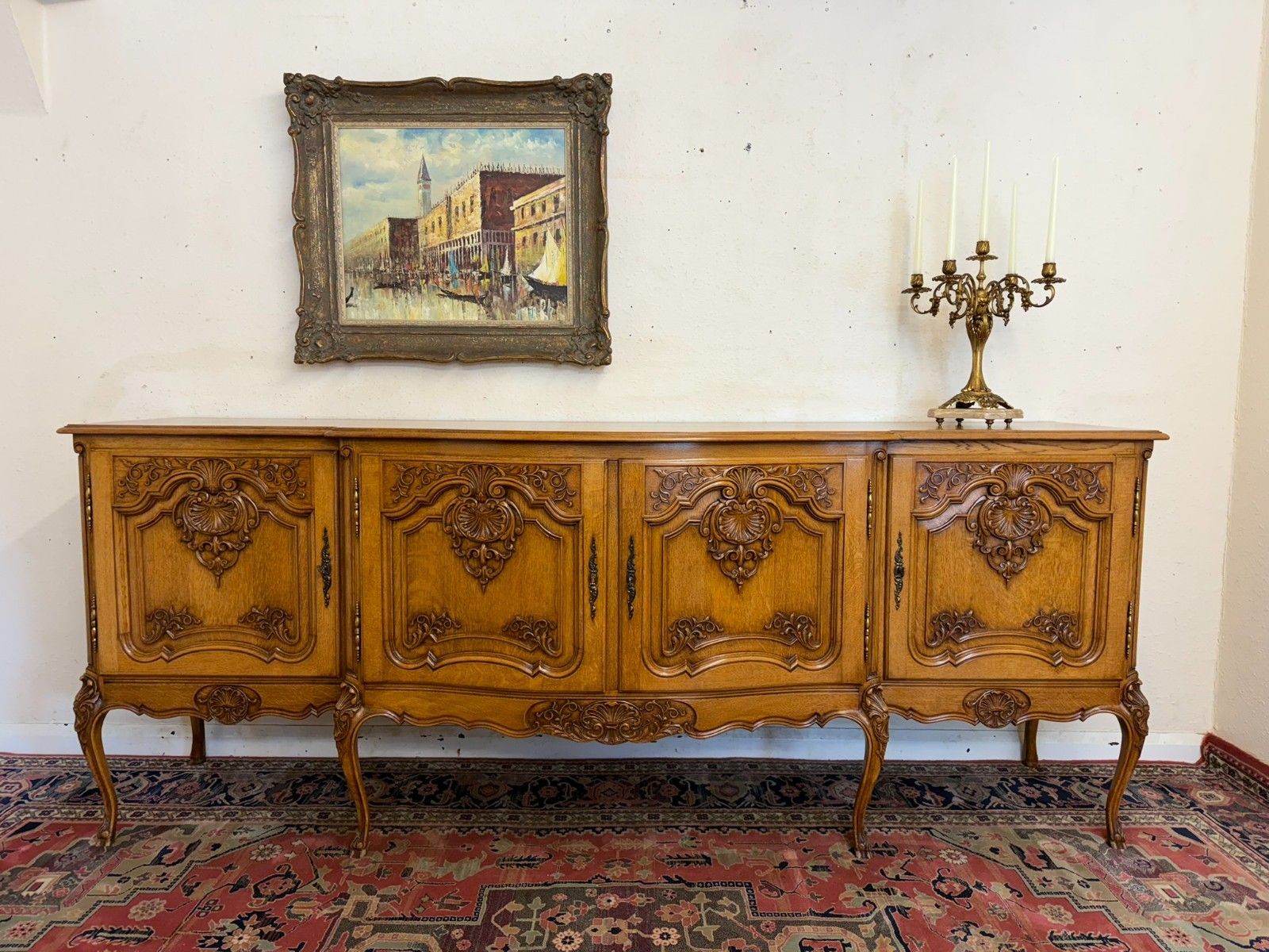 Antique French Shaped Carved Oak Four Door Enfilade/Credenza Circa 1930