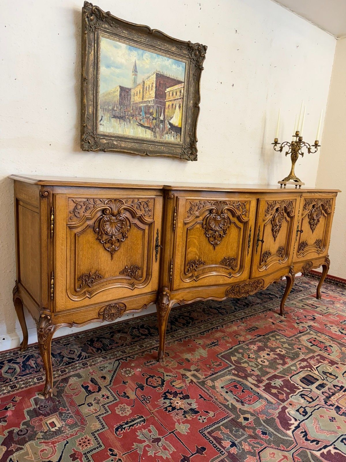Antique French Shaped Carved Oak Four Door Enfilade/Credenza Circa 1930 photo for sale
