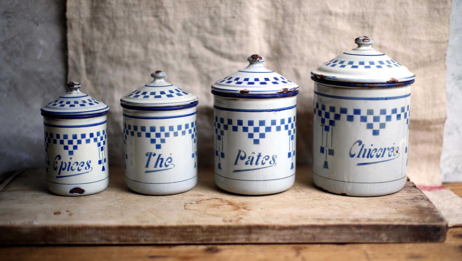 Set Of 4 Antique Enamel Canisters Lustucru Blue & White Art Deco Enamel Pots photo furniture