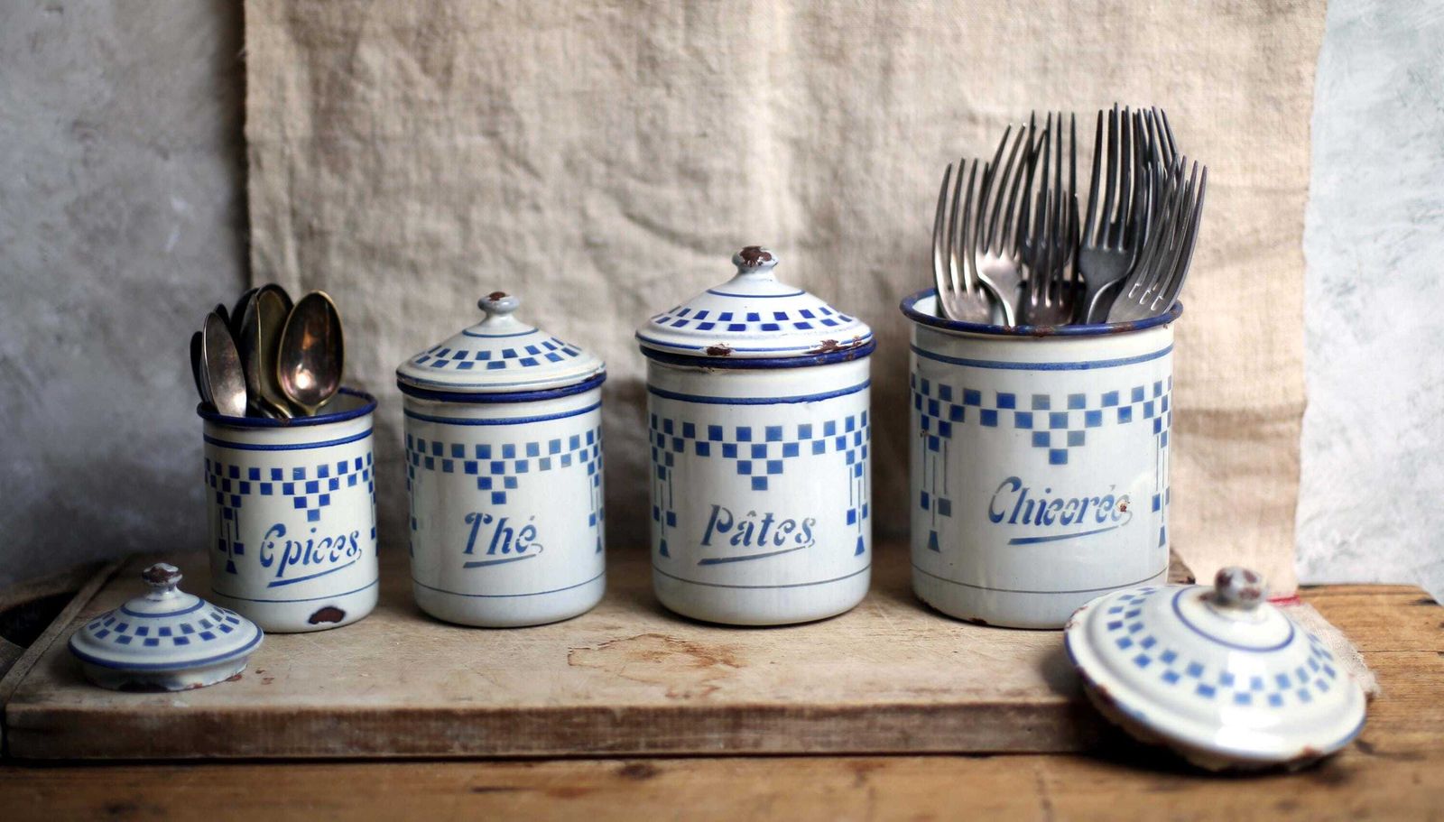 Set Of 4 Antique Enamel Canisters Lustucru Blue & White Art Deco Enamel Pots photo 125.0