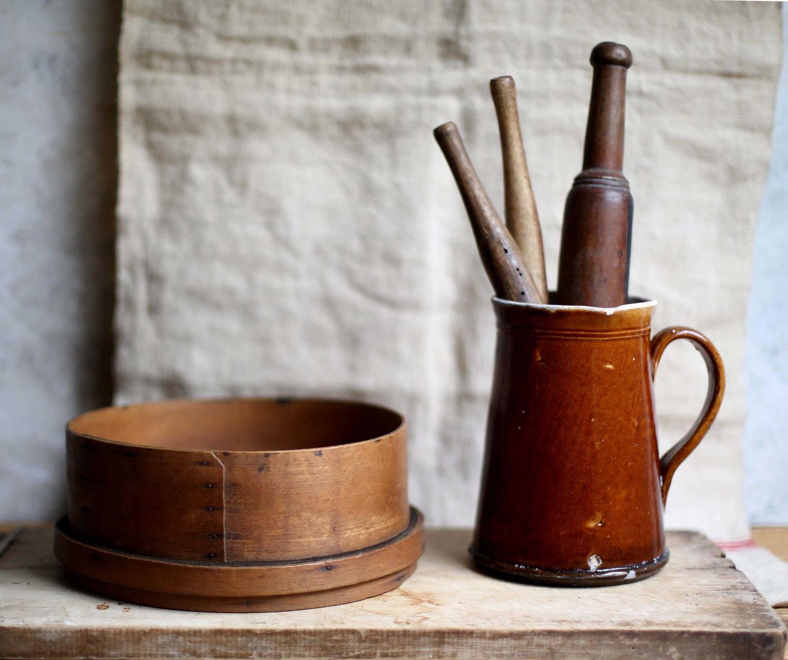 Antique French Wooden Sieve Bentwood Flour Round Dredger Kitchen Bakewear Sifter photo vintage