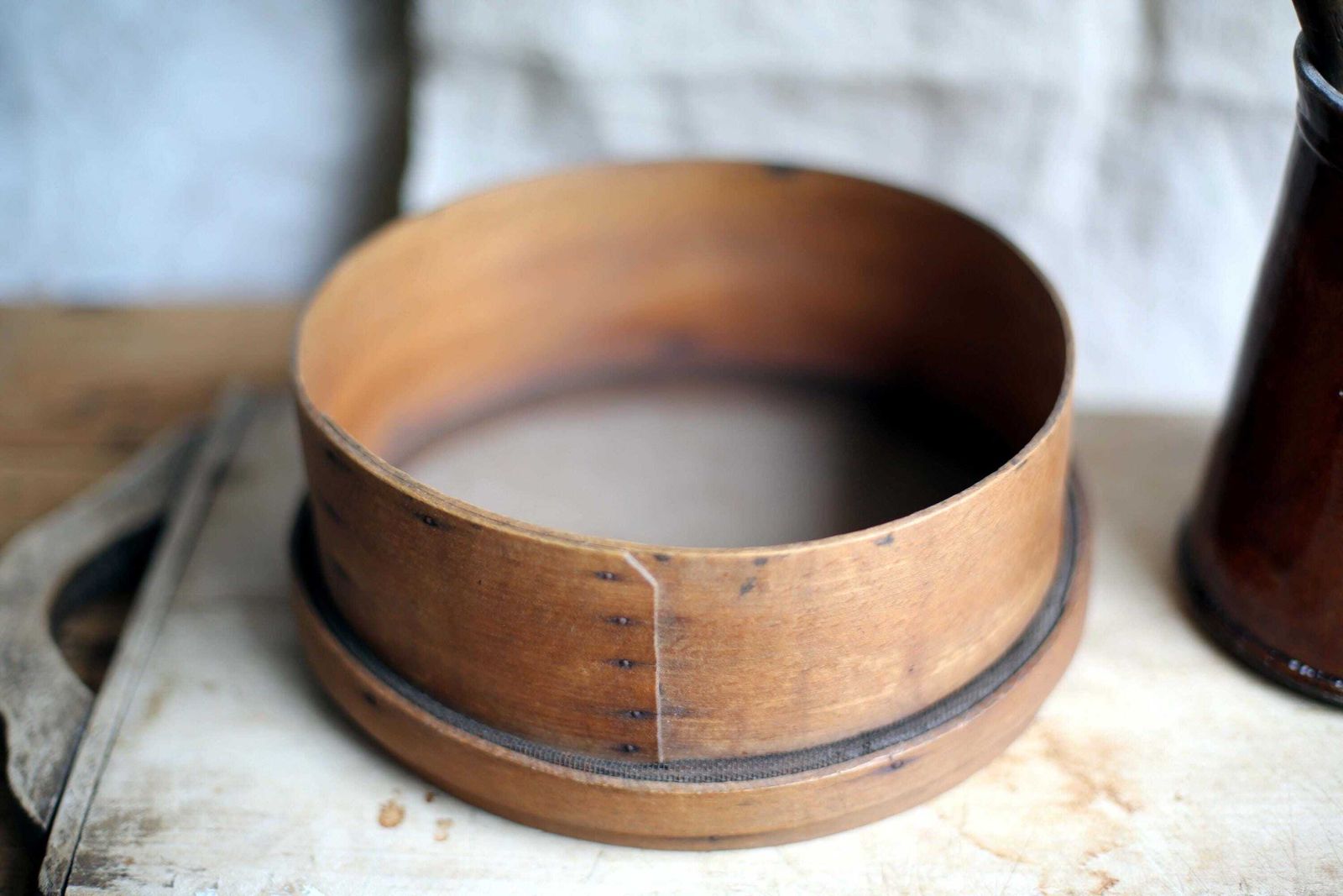 photo for sale Antique French Wooden Sieve Bentwood Flour Round Dredger Kitchen Bakewear Sifter