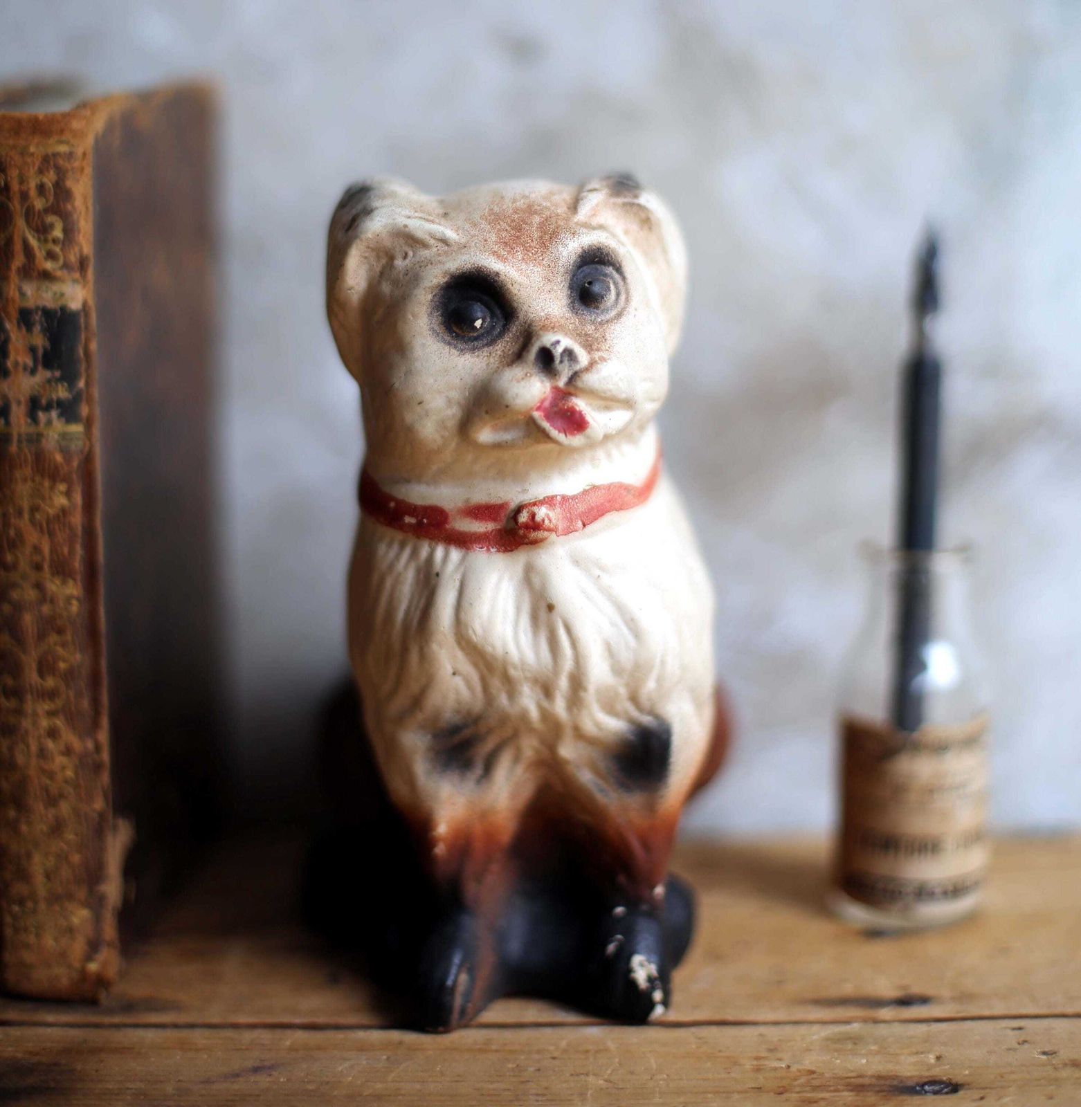 Antique French Plaster Dog Money Box Collectible Breakable Coin Bank
