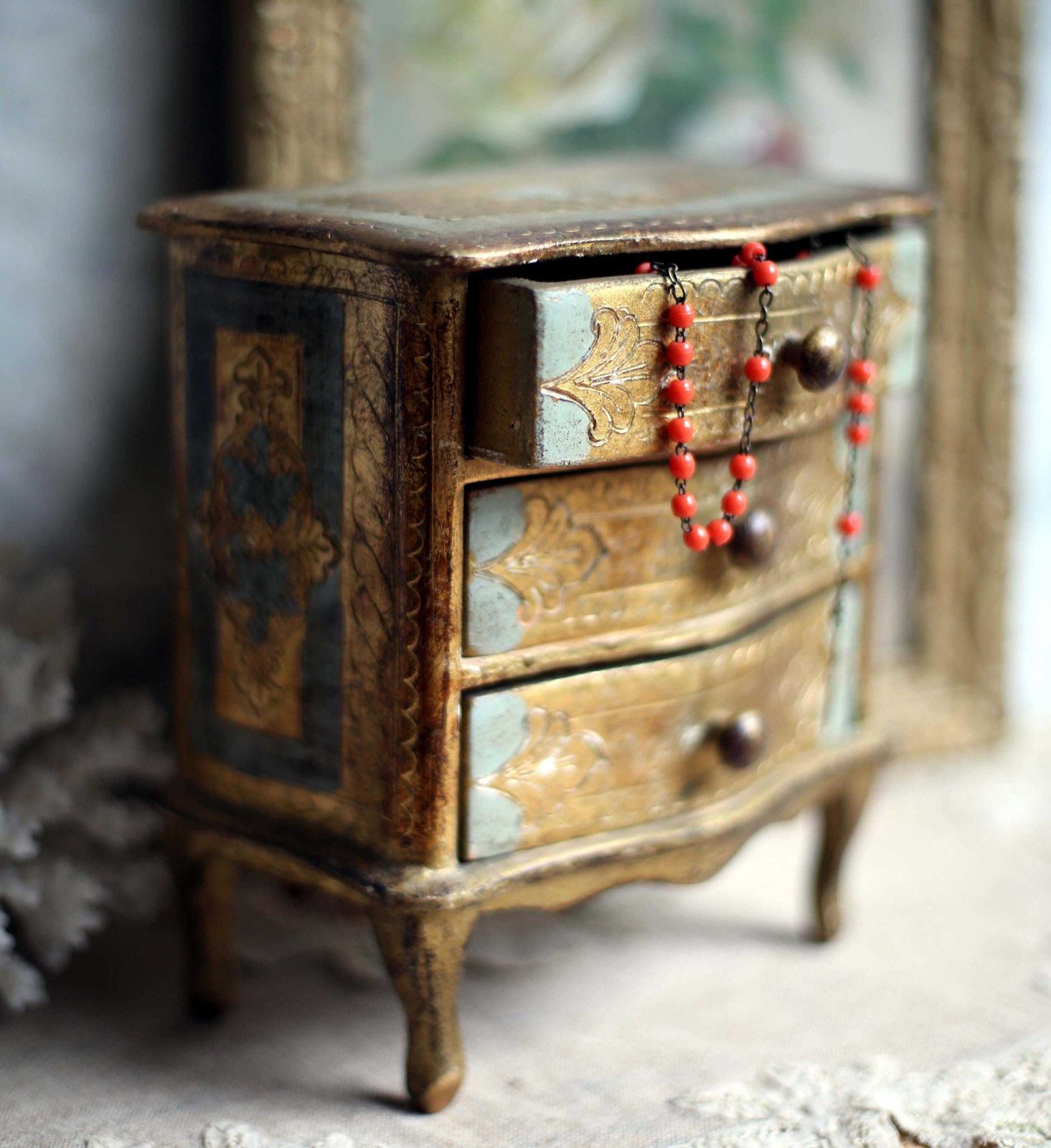 Antique Florentine Trinket Box Blue & Gold Miniature Chest Of Drawers Storage Jewelry Box