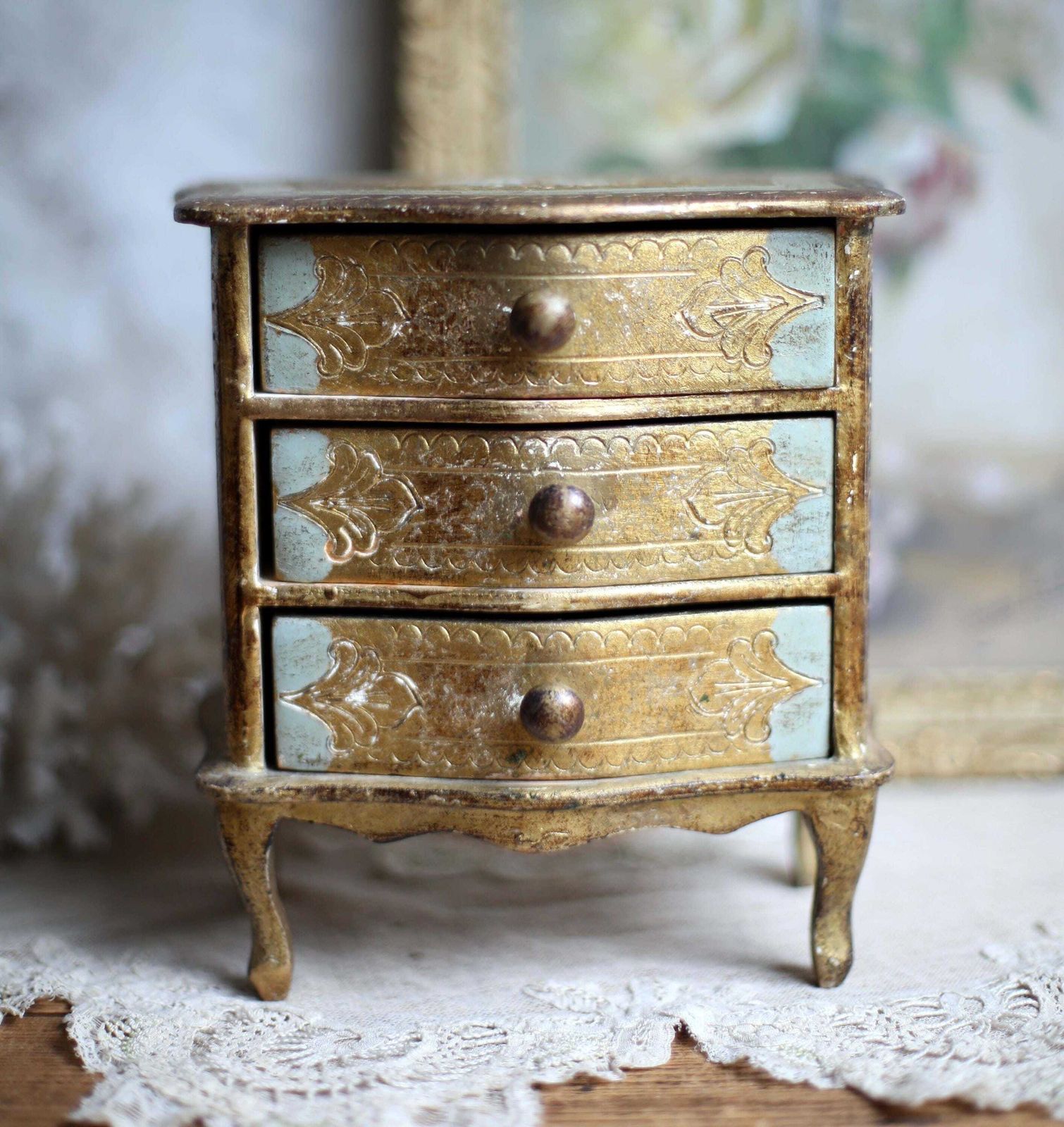 Antique Florentine Trinket Box Blue & Gold Miniature Chest Of Drawers Storage Jewelry Box photo furniture