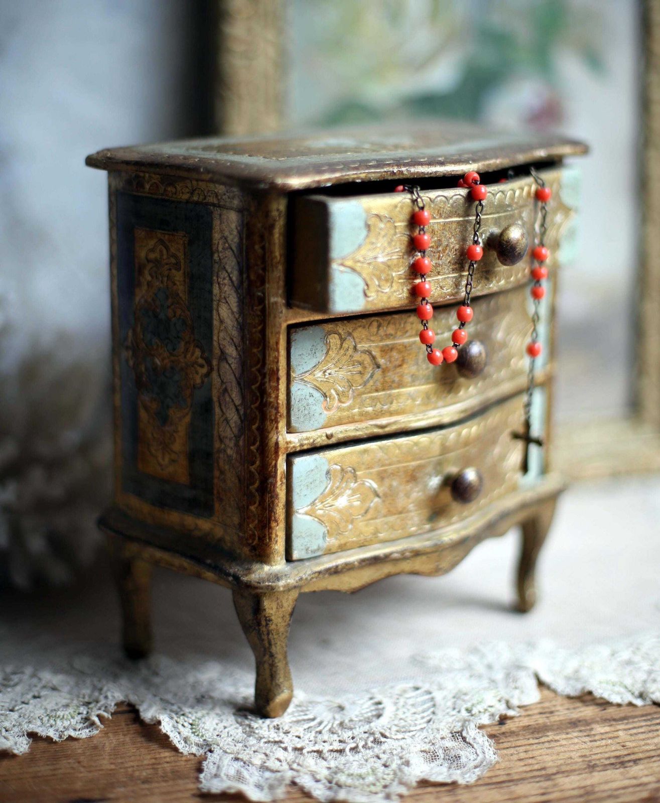 Antique Florentine Trinket Box Blue & Gold Miniature Chest Of Drawers Storage Jewelry Box photo for sale