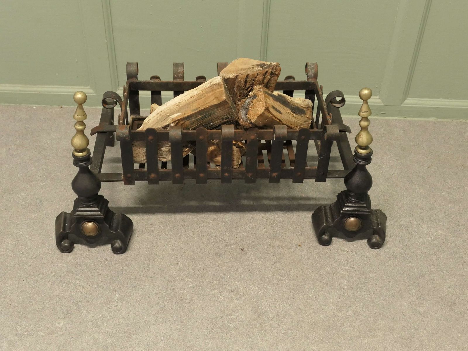 19th Century Inglenook Fire Grate On Andirons Forged Iron Log Grate photo furniture