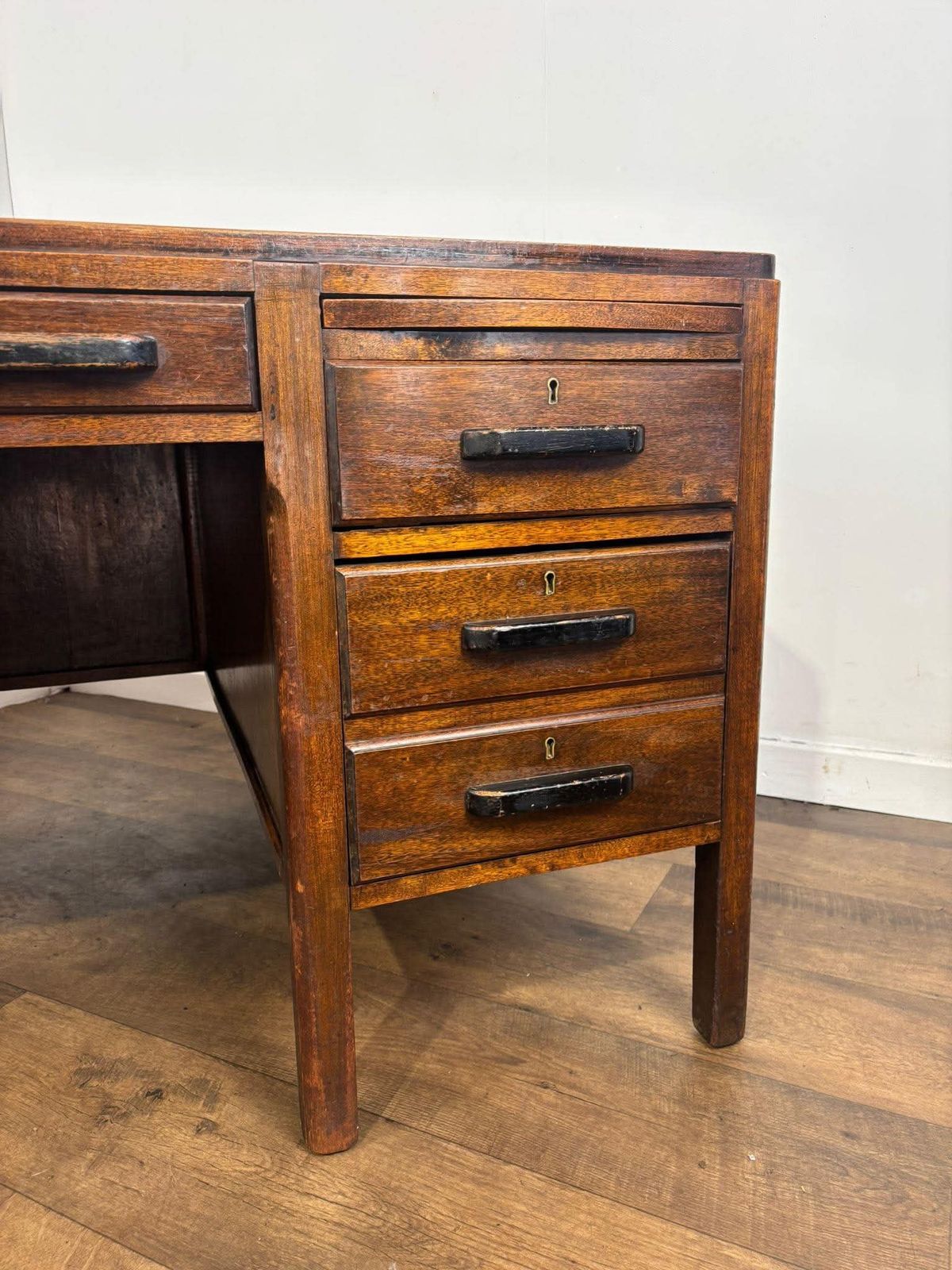 Mid Century Oak Kneehole Twin Pedestal Desk photo buy