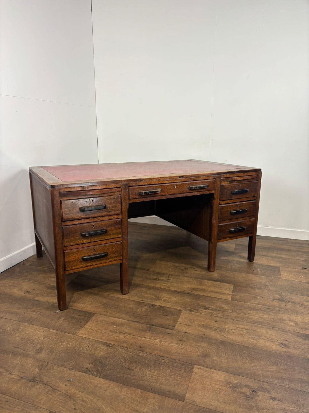 449.0 Mid Century Oak Kneehole Twin Pedestal Desk photo