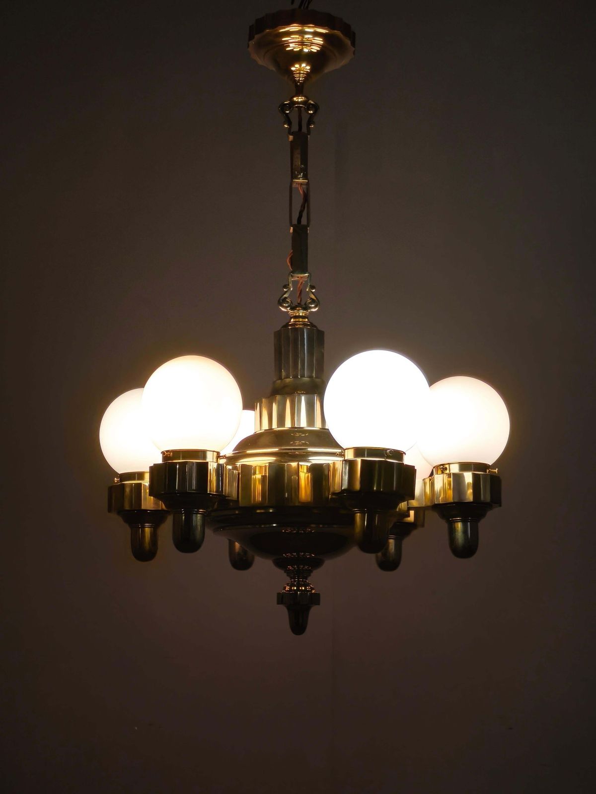 Czech Art Deco Brass Chandelier With Dual Arm Positions, 1930s photo Lighting