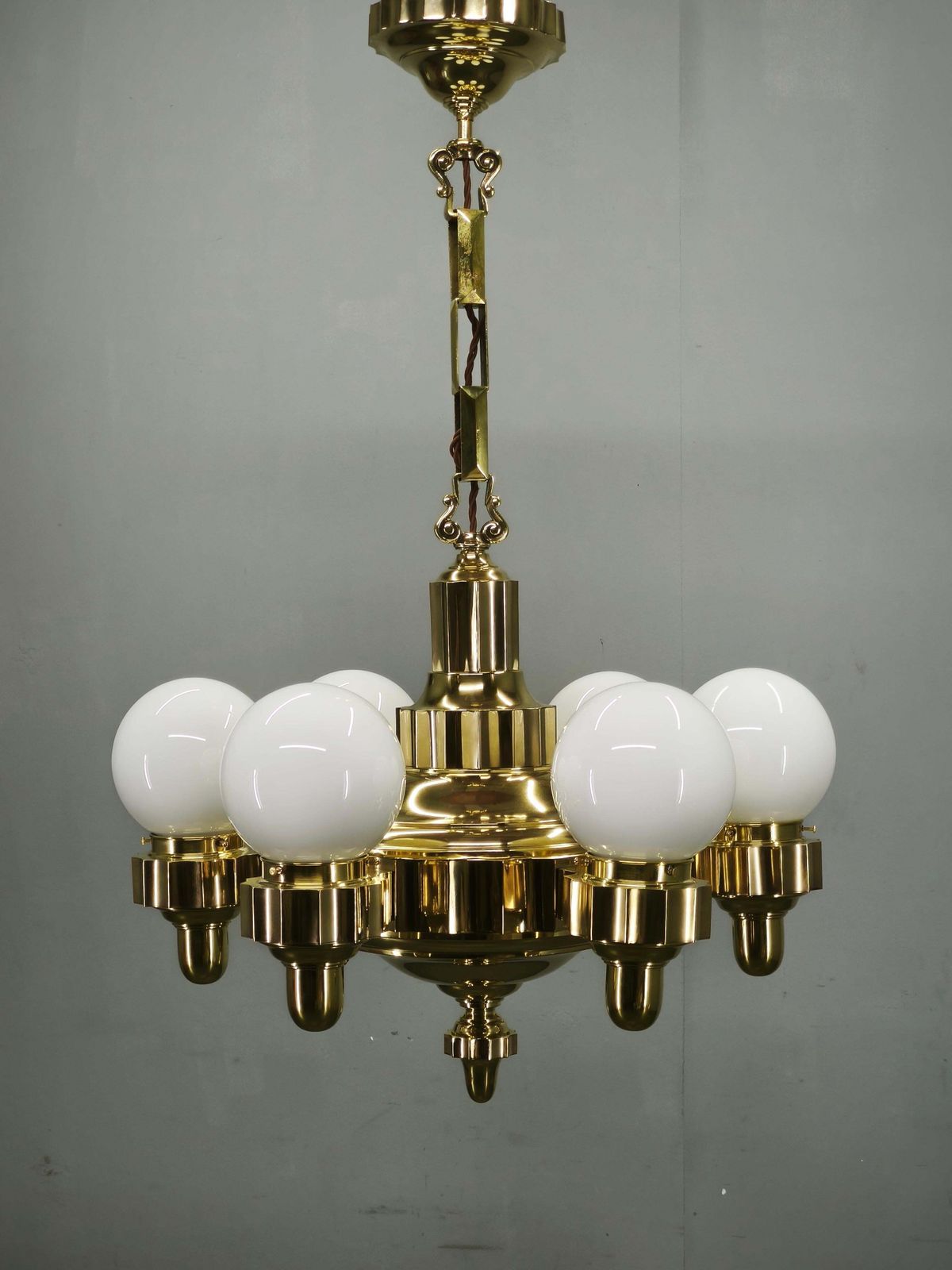 photo vinterior Czech Art Deco Brass Chandelier With Dual Arm Positions, 1930s